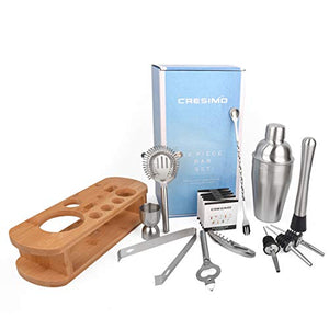 Cocktail Shaker Bar Set by Cresimo  Brushed Stainless Steel 12 Piece Professional Bar Tool Kit for the Home  Includes Martini Shaker, Muddler, Jigger, Bamboo Wood Stand and More!