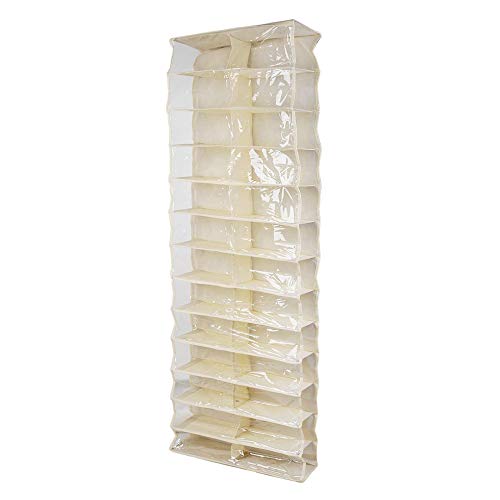 BEIYIusHOME Toolless Mounting Non-Woven Useful 26-Pocket Shoe Rack Storage Organizer Holder Hook Folding Hanging on Door Closet Color:Beige White