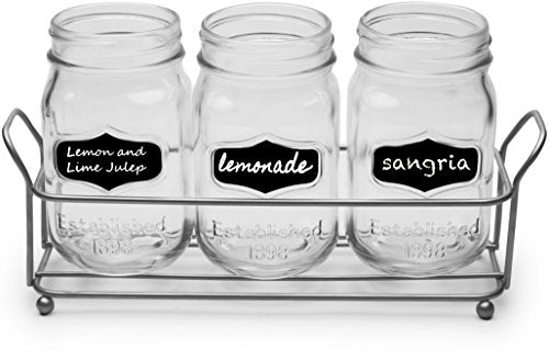 Circleware 69070 Trio Grand Mason Jar Glasses with Metal Holder Stand, Set of 4 Home & Kitchen Farmhouse Decor Beverage Drink Tumblers for Water, Beer and Juice, 17 oz, Black