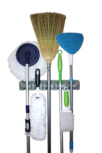 Twist and Shout Broom and Mop Holder and Tools Organizer with 5 Slots and 6 Hooks - Superior Dual Track White Rubber for Better Grips