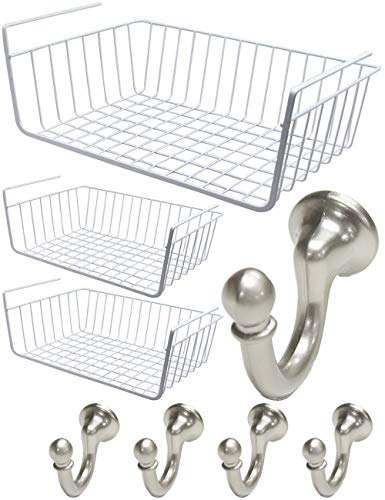 Coat Robe Hooks Hat Purse Belt Hanger Nickel Under Shelf Basket 3PCS Home Rack Bathroom Shelf Sturdy Iron Wire Hanging Storage Living Room Bathroom Organizer Wire Basket Kitchen Pantry Cabinet