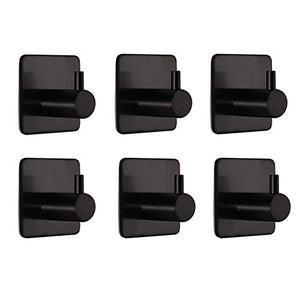 Labkiss Self Adhesive Hooks, 6 Pack, Heavy Duty, NO Drill, NO Mark, Light, Aluminum, Black, Wall Mount Utility J Hook Holder Hanger for Key Coat Towel Robe, Design for Hotel Bathroom Kitchen RV Camper