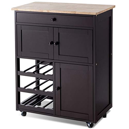 Modern Rolling Kitchen Cart Trolley Island Rubberwood Top Spacious Drawer Storage Cabinet 3 Layers Wine Rack Pantry Silverware Utensils Kitchenware Stemware Dishware Kitchen Essentials Organizer