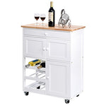 White Modern Rolling Kitchen Cart Trolley Island Rubberwood Top Spacious Drawer Storage Cabinet 3 Layers Wine Rack Pantry Silverware Utensils Kitchenware Stemware Dishware Kitchen Essentials Organizer