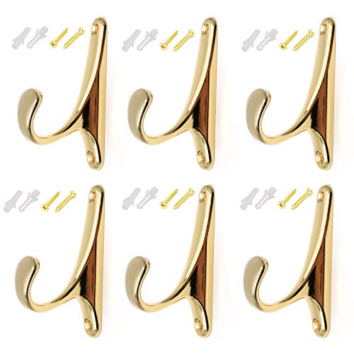 Rannb Gold Vintage Wall Mounted Single Hook Robe Hooks Hat Hook Coat Hooks Cloth Hanger - Pack of 6