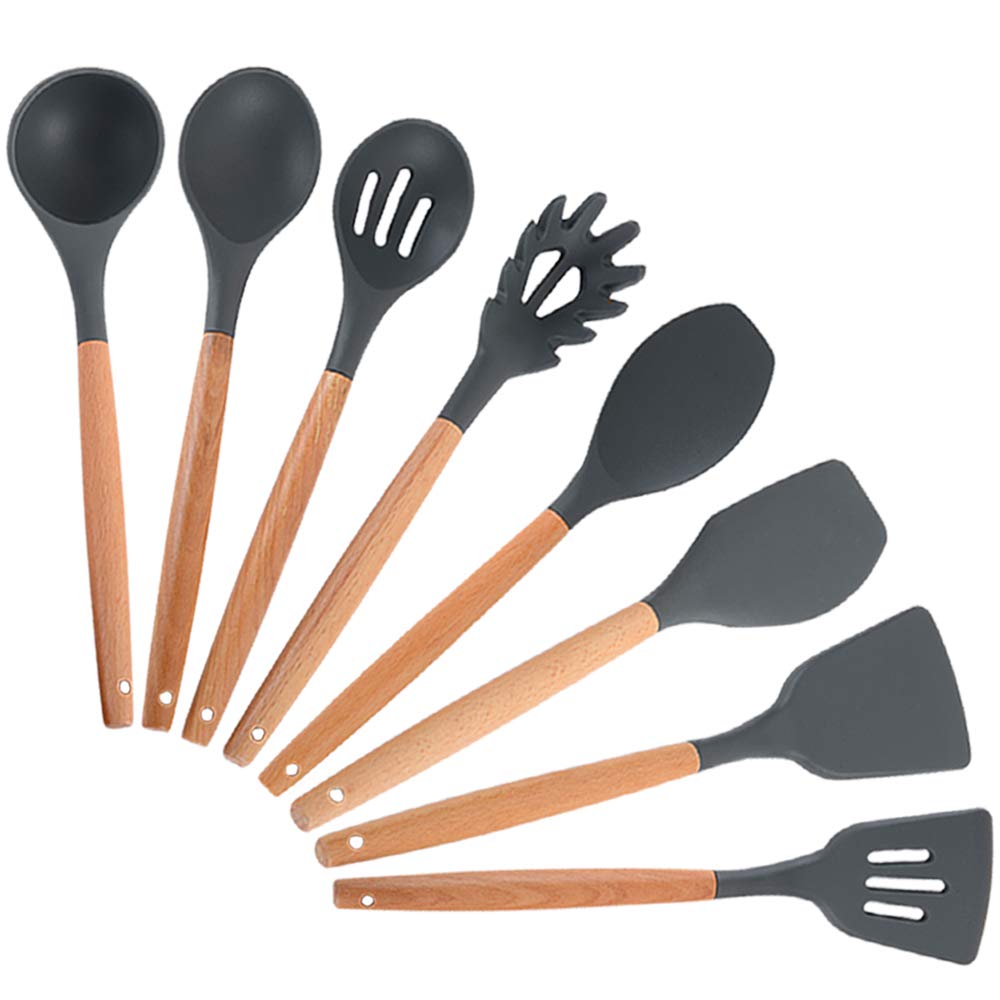 Ofargo Silicone Kitchen Utensil Set of 8 Pieces with Natural Wood Handle for Cooking, Non-Stick, Gray