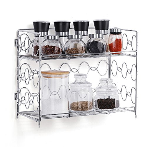 NEX 2-Tier Spice Rack Countertop Shelf for Kitchen Spice Jars Storage Organizer Wall-Mounted Storage (DB050C)(Silver)