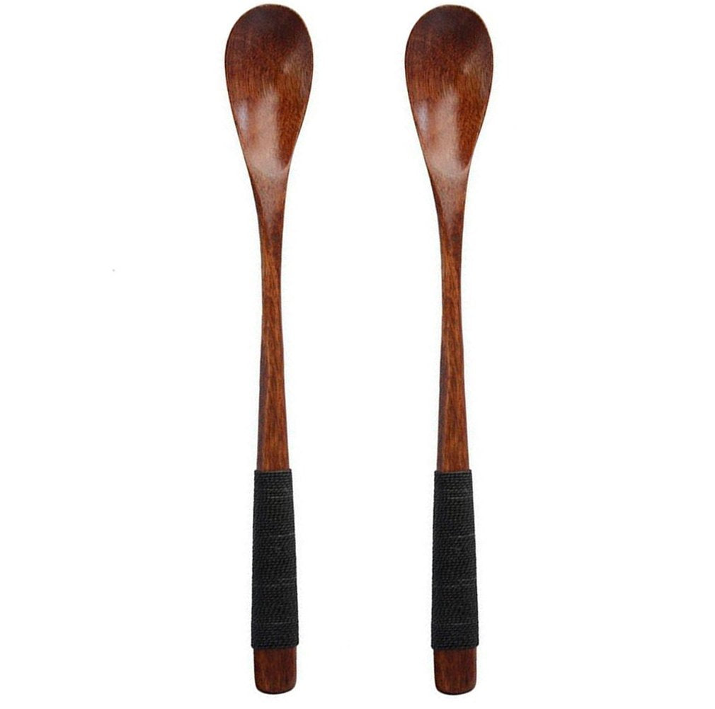 2PCS Brown Length 7.5inch Wood Coffee Tea Spoon Scoops Mixing Stirrers with Long Handle and Black Cable Tie Soup Spoons Natural Wood Rice Serving Tableware Flatware Set