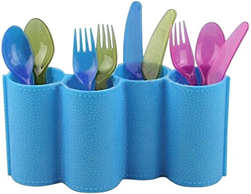4 Compartments Pen Pencil Desk Organizer Utensils Cutlery Spoon and Fork Holder Caddy Set for Kitchen, Dining Blue - 9 inches