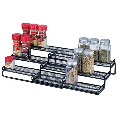 3 Tier Expandable Cabinet Spice Rack Organizer - Step Shelf with Protection Railing (12.5 to 25"W), Black