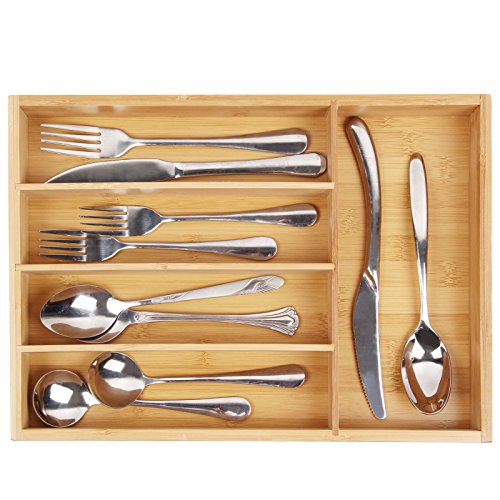 Silverware Utensil Cutlery Tray Bamboo wooden Drawer Dividers 5 Compartments Organizer Kitchen Storage Holder for Flatware Knives Forks Spoons Accessories Gadgets