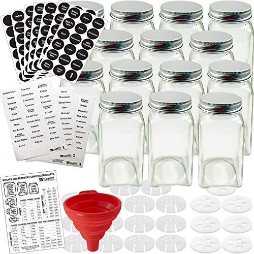 Talented Kitchen 14 Glass Spice Jars w/2 Types of Preprinted Spice Labels. Commercial Grade, Complete Set: 14 Square Empty Jars 4oz, Pour/Sift & Coarse Shakers, Airtight Cap, Chalkboard & Clear Label