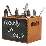 4 Compartment Wood Utensil Storage Caddy with Chalkboard Front Panel and Cut-Out Handles