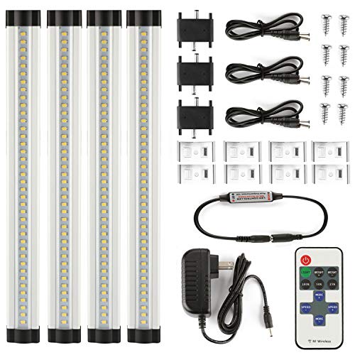 LXG 12in Dimmable LED Under Cabinet Lighting, 12W 2700K Warm White 1000LM, Clear Cover Led Strips,11key IR Remote Control 4 Pack