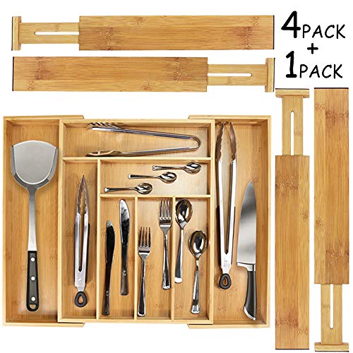 Mebbay 5 Set Bamboo Drawer Dividers, Kitchen Drawer Organizer, Adjustable Drawer Divider Organizer, Bamboo Wood Utensil Drawer Organizer for Kitchen, Dresser, Bedroom, Bathroom, with Non-Slip Pads