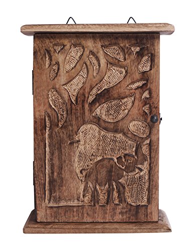 Handmade Wooden Key Holder Cabinet Storage Box with Elephant and Tree Designs