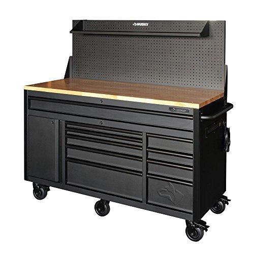 61 in. 10-Drawer 1-Door 24 in. D Mobile Workbench with Pegboard and Shelf in Textured Black Matte