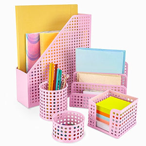 Pink Desk Organizer Office Desk Set: 5 Desktop Accessories for Women. Includes File/Paper Organizer, Mail Holder, Pen Cup, Note Holder, Clip Cup. Cute Decor for Storage Supplies Organizers