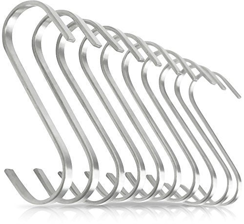 Pro Chef Kitchen Tools Premium Flat S Shaped Hooks in 10 Pack Brushed Stainless Steel Metal