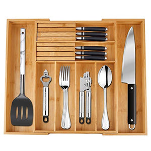 Utensil Drawer Organizer Bamboo Flatware Organizer Expandable Kitchen Silverware Organizer Cutlery Tray with 2 Removable Knife Blocks 8 Compartments Kitchen Tray for Utensil,Cutlery, Flatware,Silver