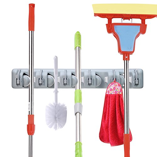 Solefun Broom Mop Holder Garden Tool Organizer with 5 Ball Slots and 6 Hooks Key Rack Kitchen Towel Hooks