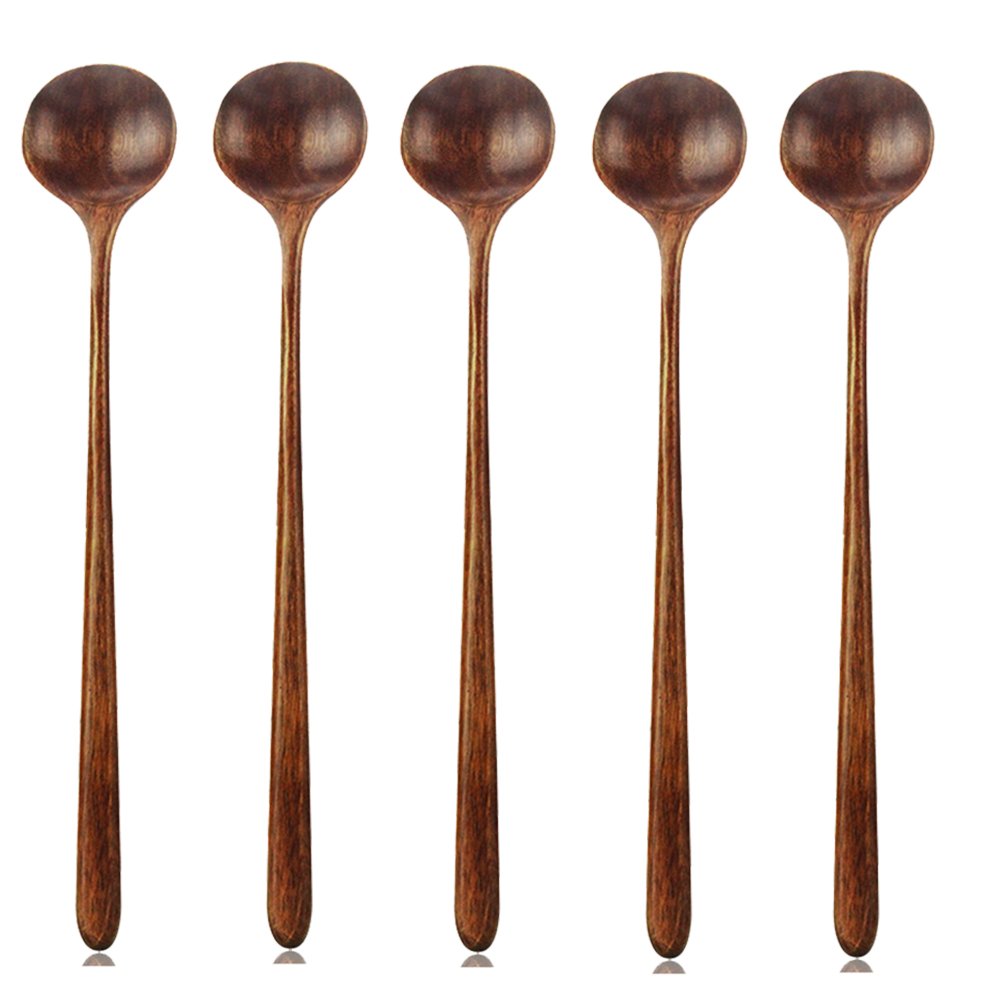 Long Spoons Wooden, 5 Pieces Korean Style 10.9 inches 100% Natural Wood Long Handle Round Spoons for Soup Cooking Mixing Stirrer Kitchen Tools Utensils (Korean Style Soup Spoon)