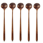 Long Spoons Wooden, 5 Pieces Korean Style 10.9 inches 100% Natural Wood Long Handle Round Spoons for Soup Cooking Mixing Stirrer Kitchen Tools Utensils (Korean Style Soup Spoon)