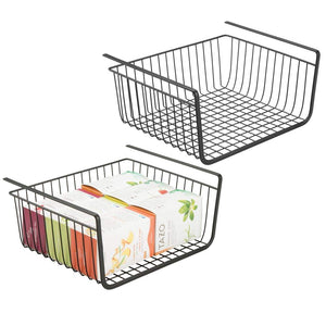 mDesign Household Metal Under Shelf Hanging Storage Bin Basket with Open Front for Organizing Kitchen Cabinets, Cupboards, Pantries, Shelves - Large, 2 Pack - Black