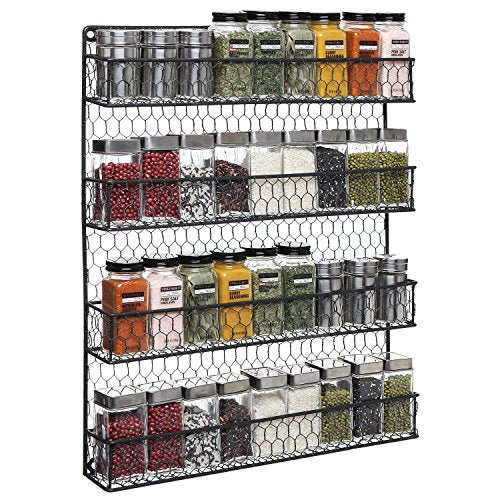 4 Tier Black Country Rustic Chicken Wire Pantry, Cabinet or Wall Mounted Spice Rack Storage Organizer