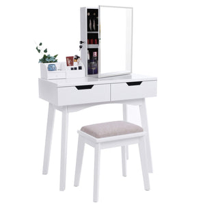 BEWISHOME Vanity Set with Mirror, Jewelry Cabinet Jewelry Armoire, Makeup Organizer, Cushioned Stool, 2 Sliding Drawers White Makeup Vanity Desk Dressing Table FST04W