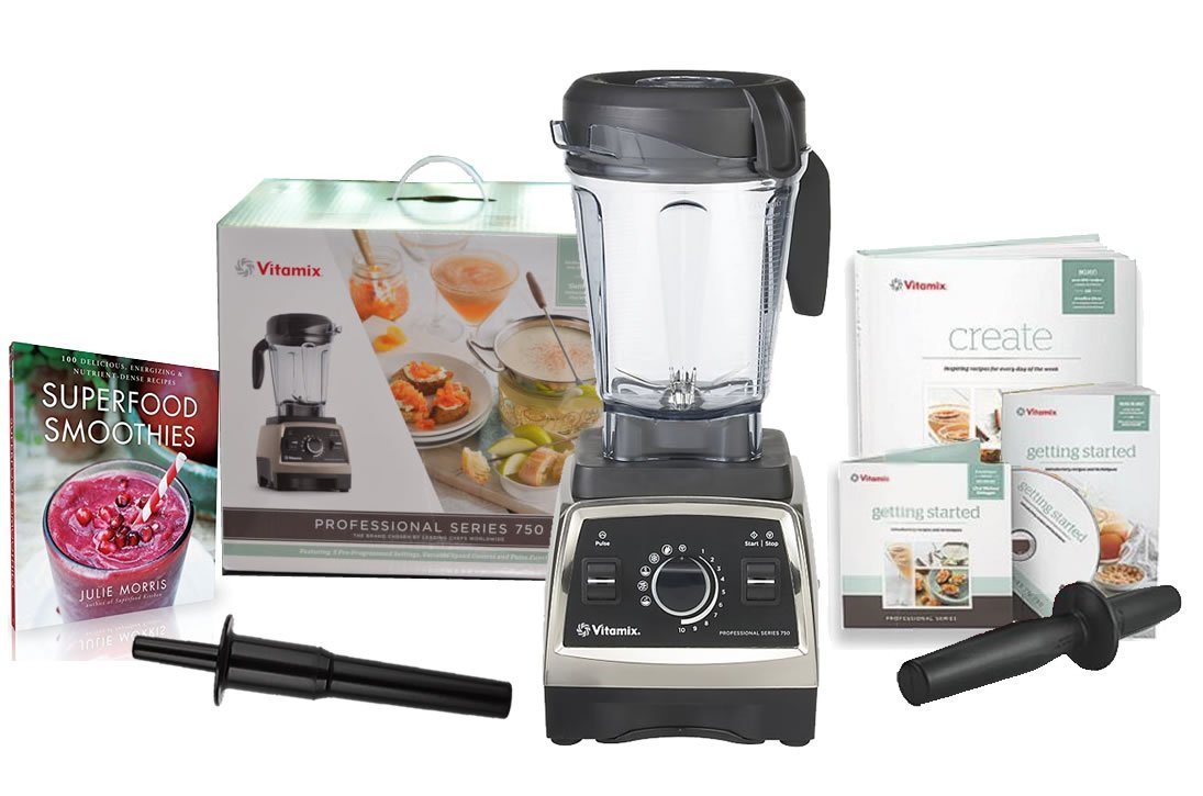 Vitamix Professional Series 750 Blender (1944) with Superfood Smoothies: 100 Delicious, Energizing & Nutrient-dense Recipes Book and Two Accelerator/Tamper Tools (Brushed Stainless Finish)