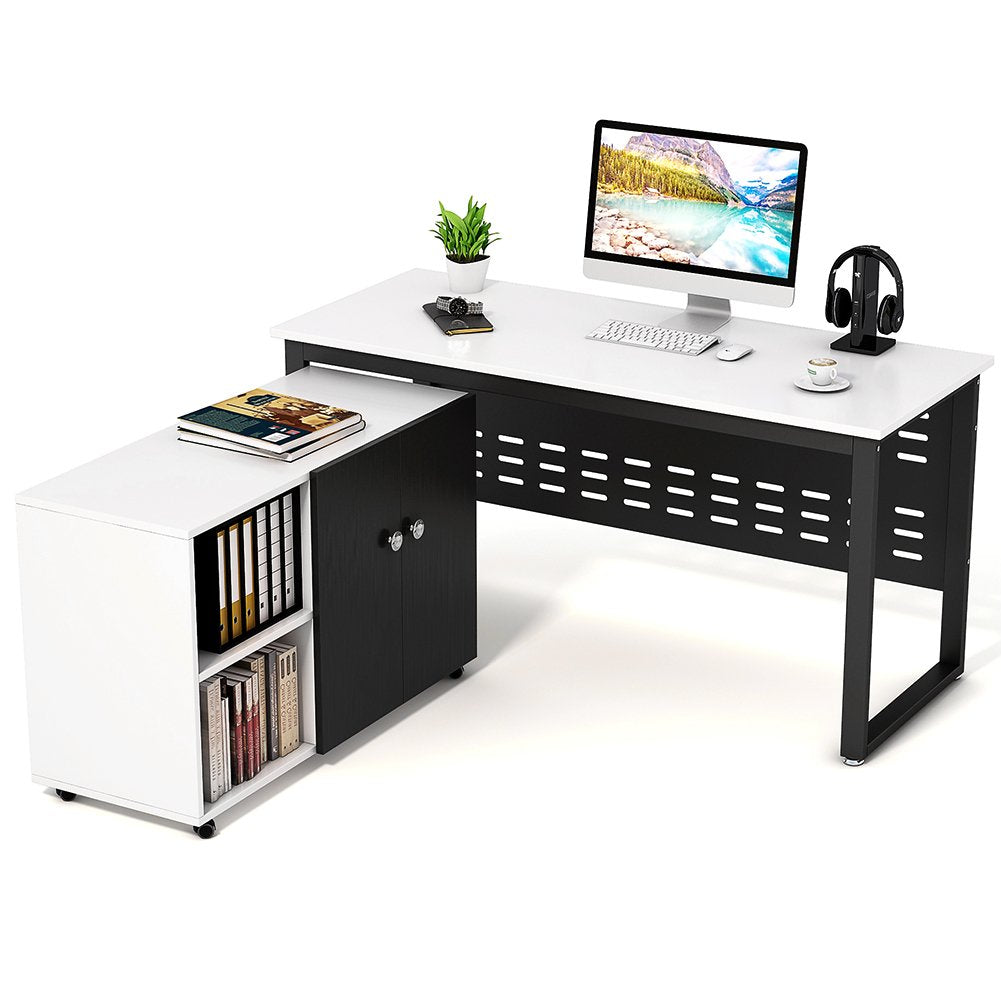 Computer Desk and File Cabinet, LITTLE TREE 55" Large Simple Office Desk PC Laptop Study Writing Gaming Table Workstation Furniture with 40” Mobile Printer Filing Stand for Home Office, White+Black
