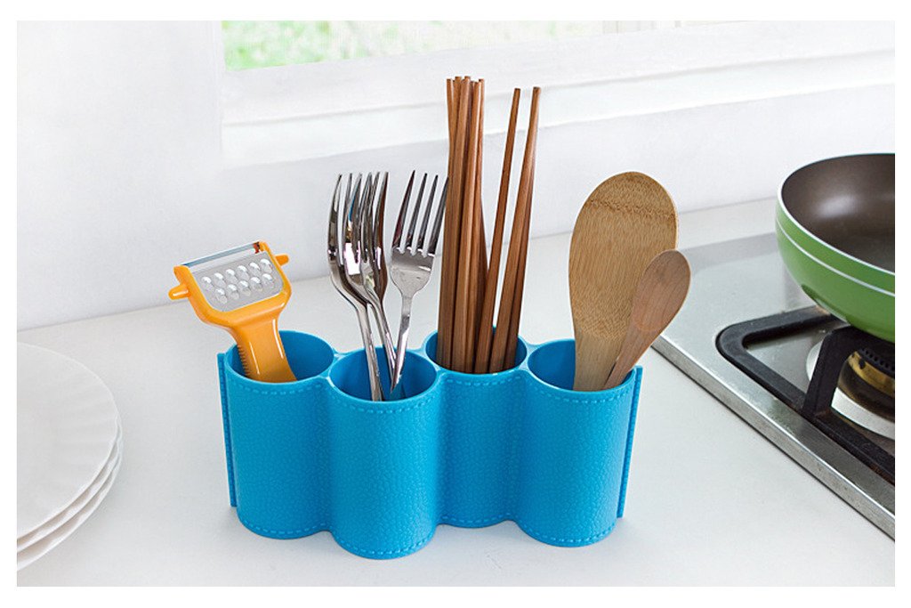 Kitchen Utensil Holder by Latom, Cooking Utensil Caddy, Silverware Spatula Cookware and Chopsticks Drying Cutlery Holder Storage Organizer(Blue)