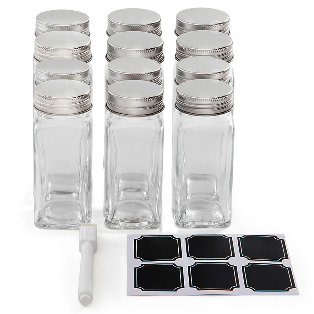 Set of 12 Square Glass Spice Jars with Shaker Tops, Chalkboard Labels & Pen, and Airtight Silver Metal Lids, Reusable Spice Containers w/ 4 Ounce Capacity for Organic Spices and Seasoning
