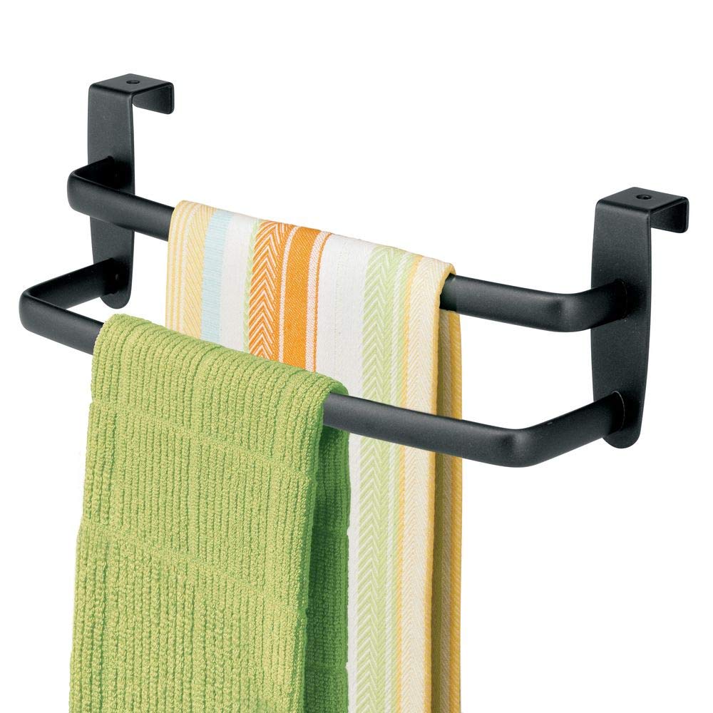 mDesign Over the Cabinet Kitchen Dish Towel Bar Rack - 9", Black Matte