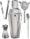 Vremi Stainless Steel Cocktail Shaker Set - 5 Piece Bartender Kit with Martini Shaker Strainer Jigger Shot Glass Stirring Spoon - Bartending Supplies Bar Tools Barware and Bartender Gifts Set - Silver