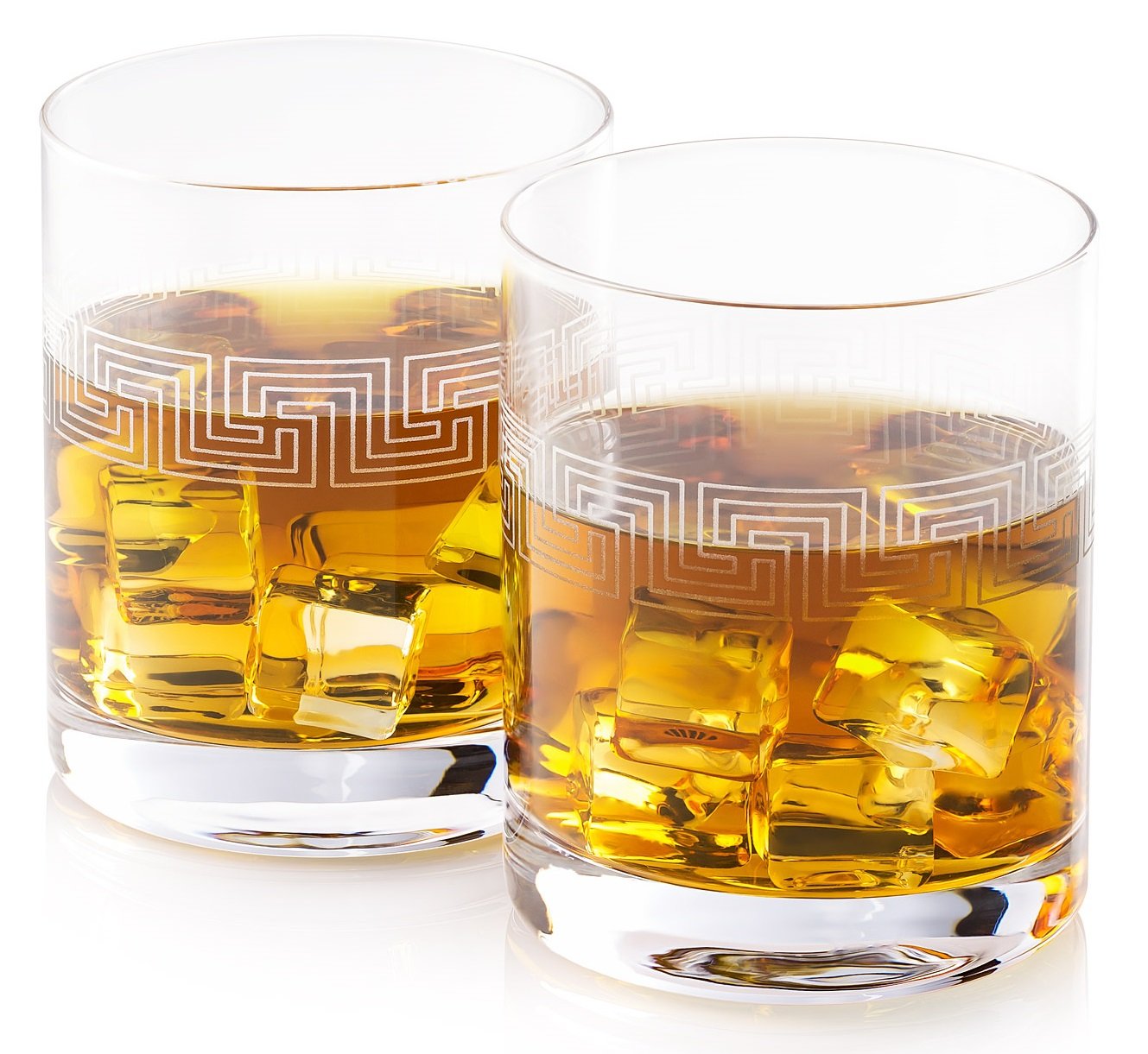 Hand Etched Whiskey Glasses BROM | Made in Europe | Ancient Greek Key Pattern | Set of 2 x 10.8 oz Old Fashioned Glasses | Gift Box.