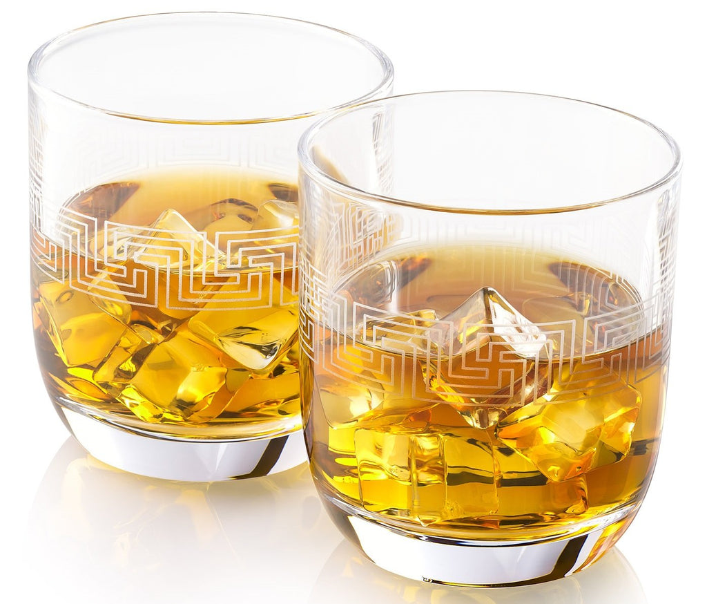 Hand Etched Whiskey Glasses ALISANDER | Made in Europe | Ancient Greek Key Pattern | Set of 2 x 9.5 oz Old Fashioned Glasses | Gift Box.