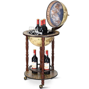 Goplus 17" Wood Globe Wine Bar Stand 16th Century Italian Rack Liquor Bottle Shelf with Wheels (Creamy White)