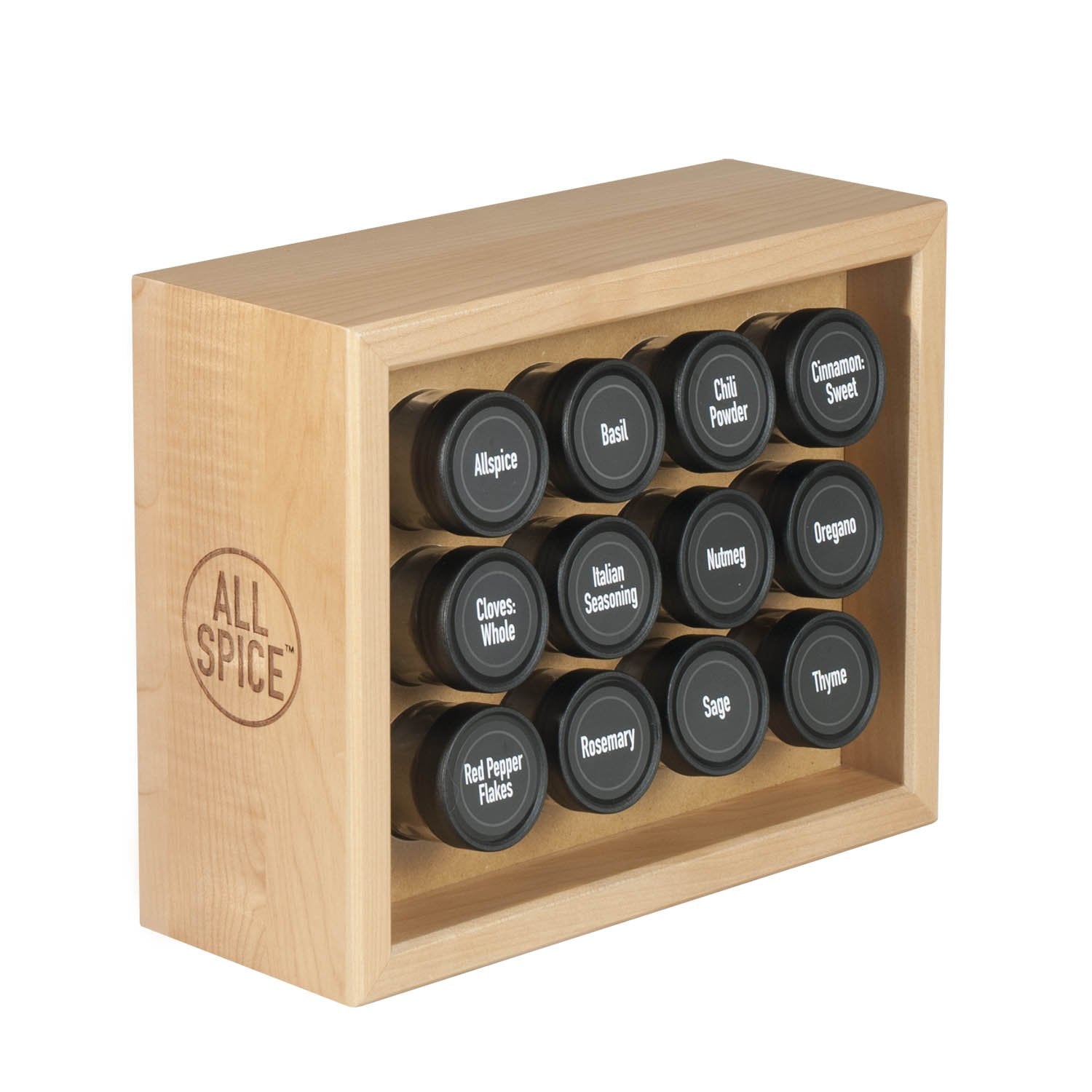AllSpice Wooden Spice Rack, Includes 12 4oz Jars- Maple