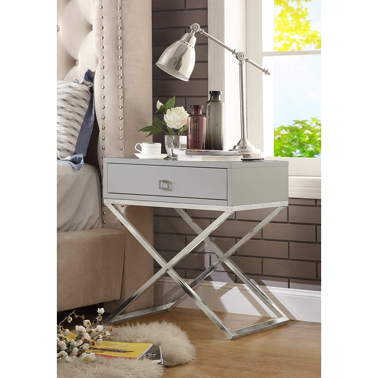Gekko Grey Lacquer Finish Nightstand - Chrome Legs | Steel Base | Side Table | Modern | Inspired Home