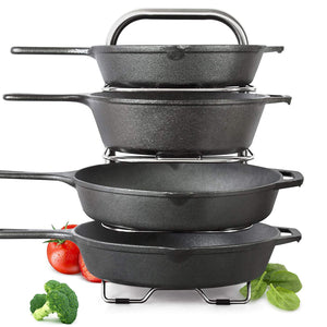 Heavy Duty 5-Tier Height Adjustable Pan and Pot Organizer Rack: Adjust in increments of 1.25”, 10, 11 & 12 Inch Cast Iron Skillets Cookware Holder, Stainless Steel (15" Tall)
