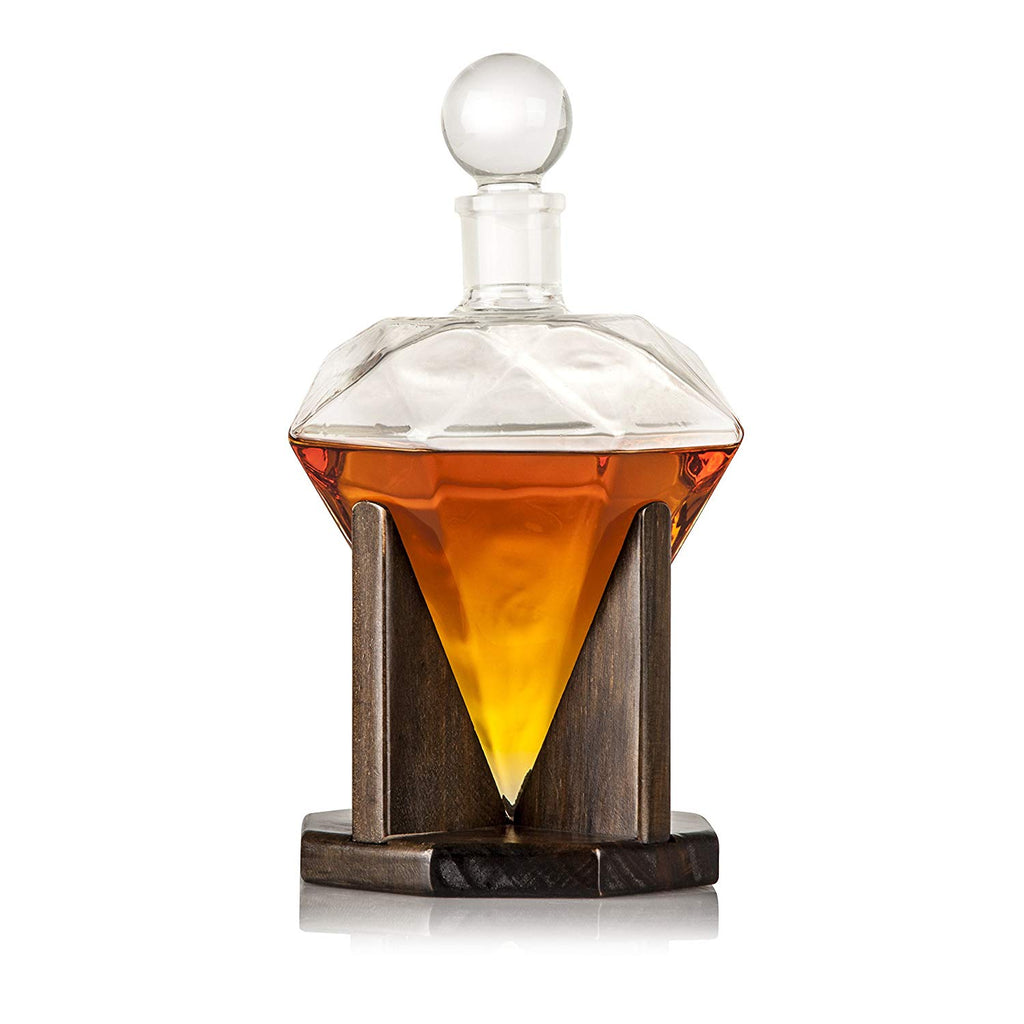 Hand Blown Diamond Whiskey Decanter: Lead Free Glass Designer Decanters with Custom Wood Stand & Airtight Stopper, Decorative Bar Set Tool for Scotch, Bourbon, Rum, Vodka, Wine, Liquors or Spirits