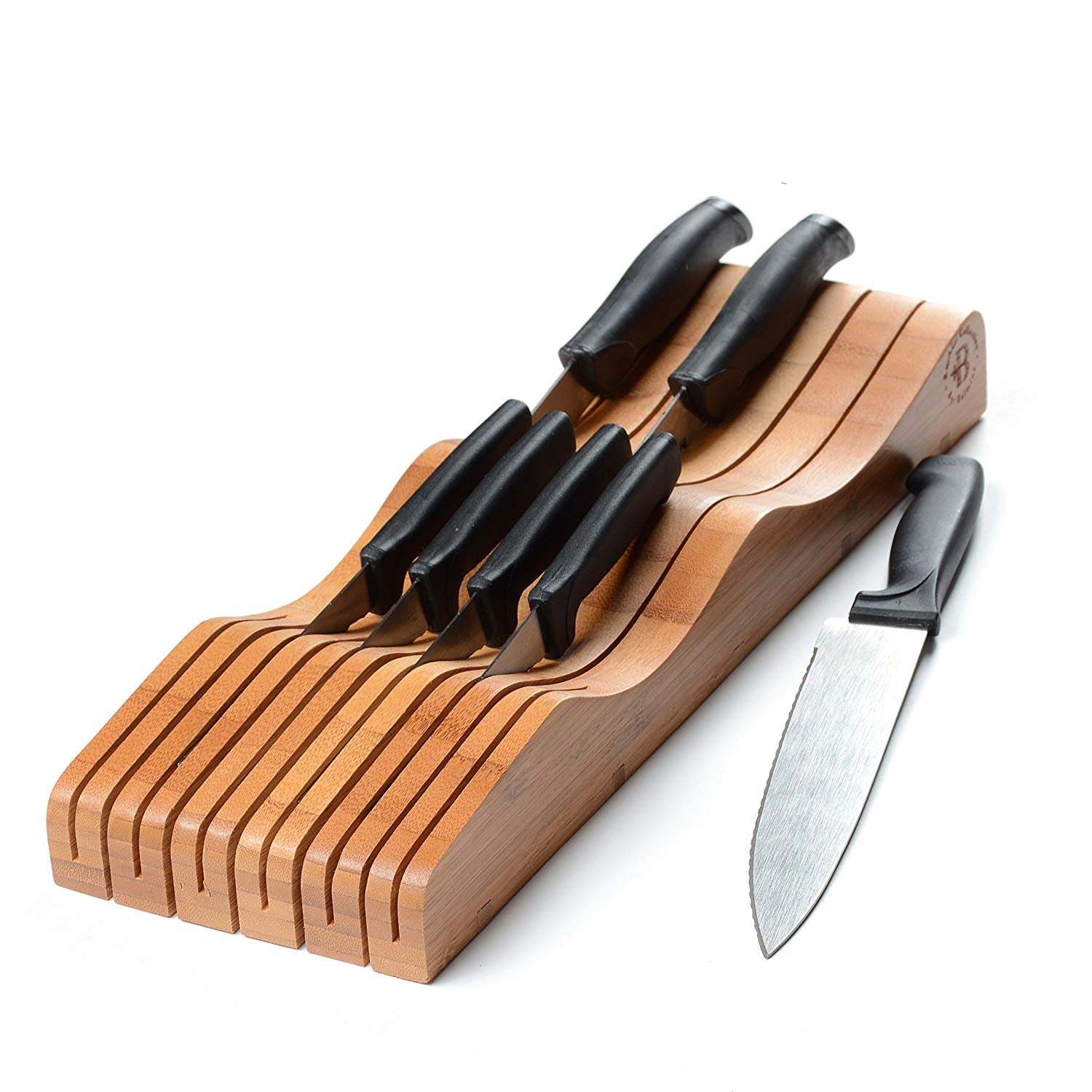 Bamboo In-Drawer Knife Organizer - Kitchen Knife Block without Knives, Wooden Steak Knives Holder Cutlery Block | 100% Natural Bamboo Craftsmanship