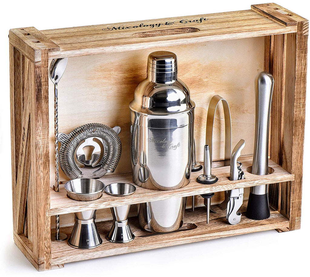 Mixology Bartender Kit: 11-Piece Bar Tool Set with Rustic Wood Stand - Perfect Home Bartending Kit and Cocktail Shaker Set For an Awesome Drink Mixing Experience - Exclusive Cocktail Recipes Bonus