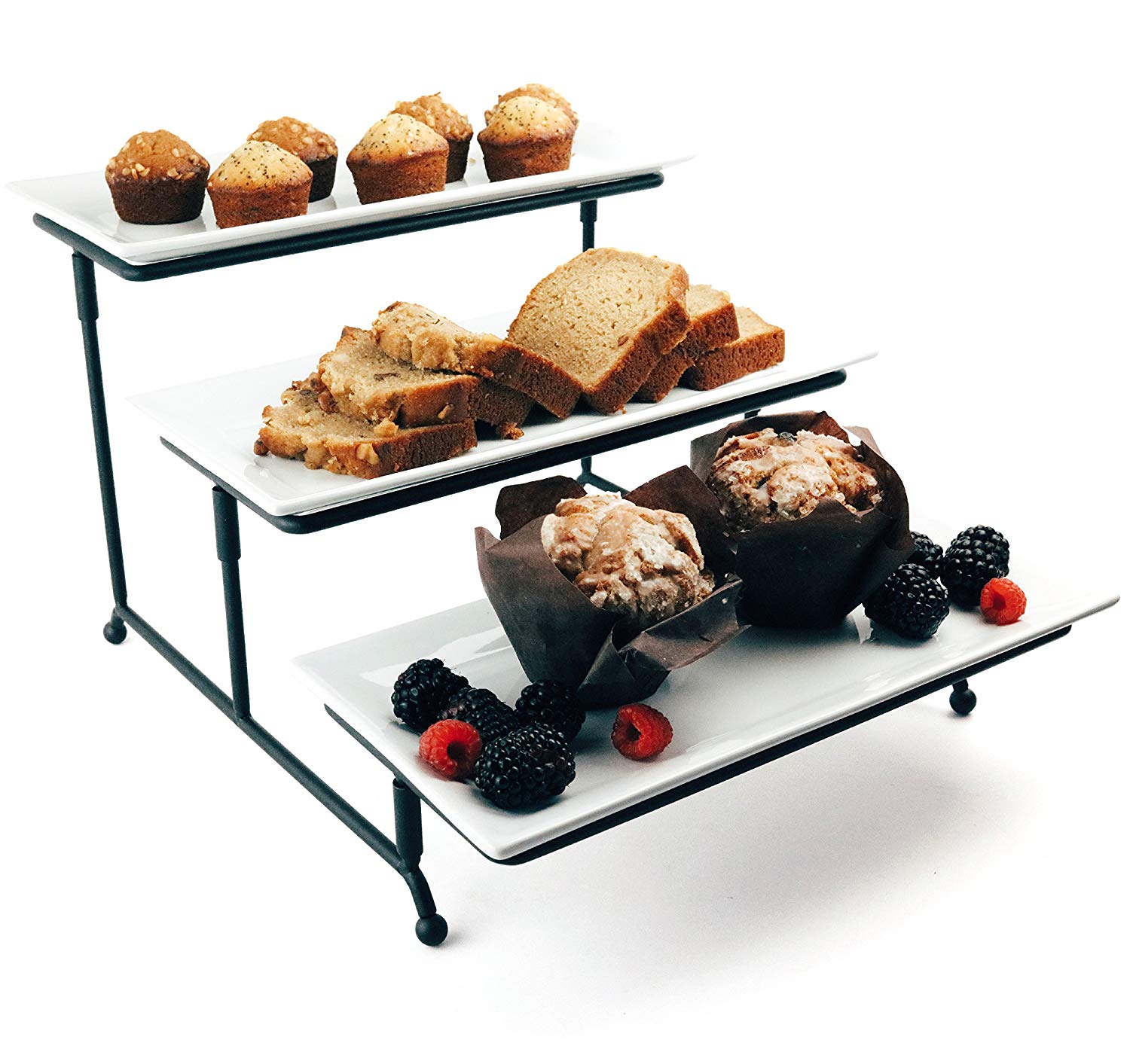 Food Serving Tray Set: 3 Tier Metal Display Stand with 3 White Rectangular Stoneware Platters | Perfect for Party Foods, Desserts, Cakes & Cupcakes by Chef's Medal