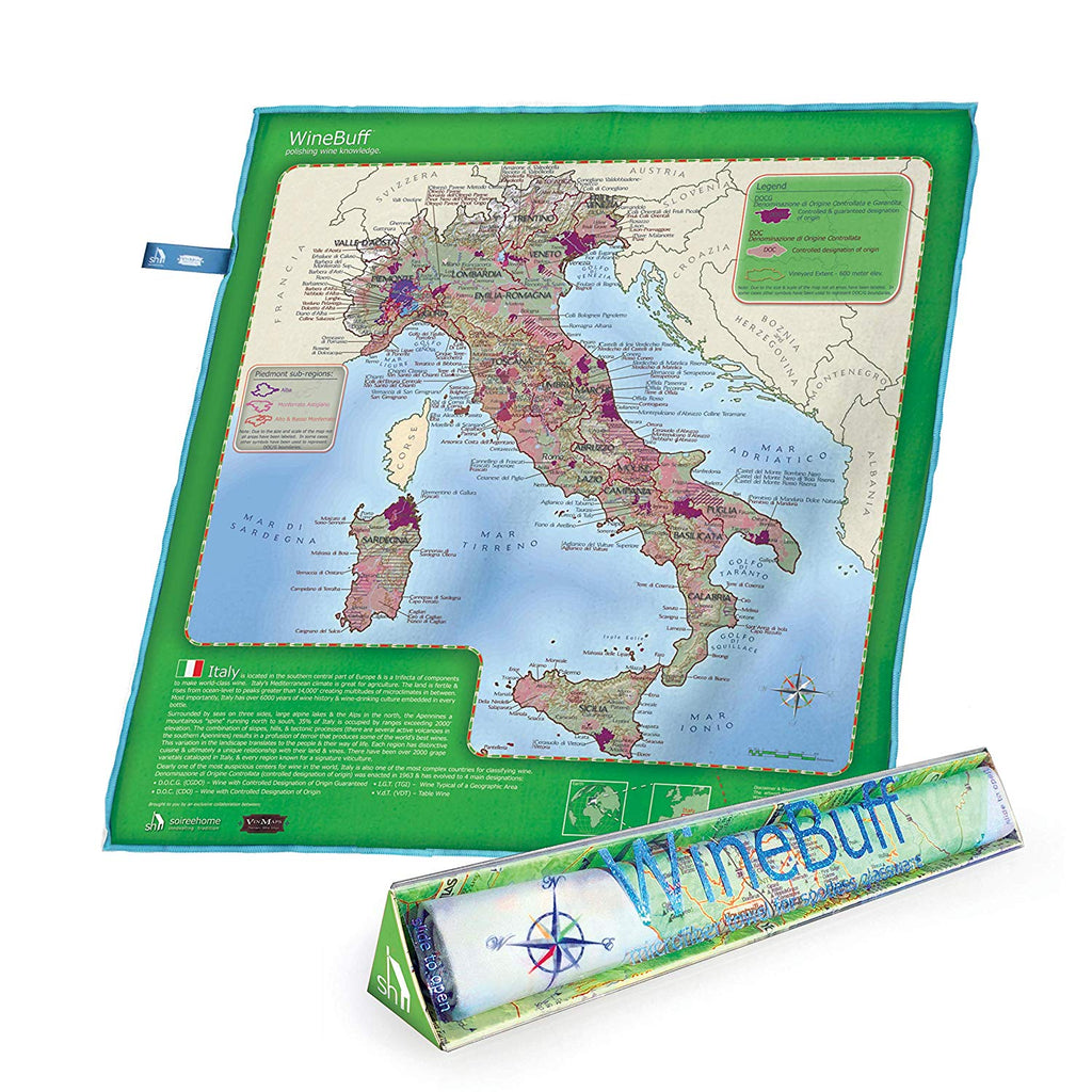 soireehome Winebuff – Italy Edition – Large Micro Fiber Polishing Towel for Crystal-Clear, Streak-Free, Polished Wine Glasses – 20 x 20 Inch Wine Educational Notes and Detailed Regional Wine Maps