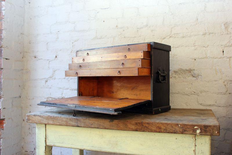 A Handsome Early 20thC Portable Table-Top Black Painted Pine Tool Chest